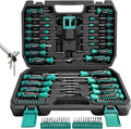 Precision screwdriver set with teal-and-black handles and metal bits in a black case