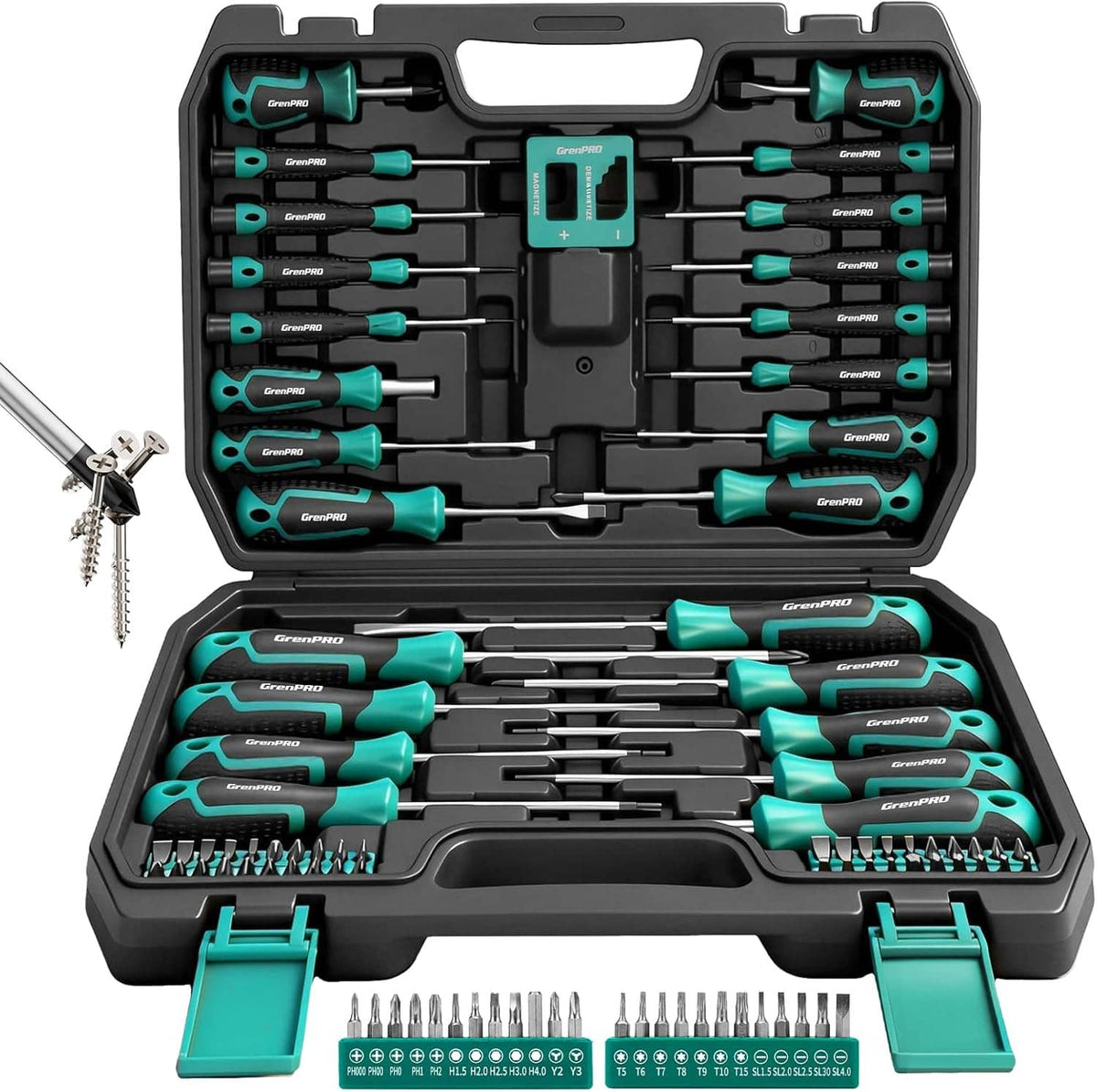 Precision screwdriver set with teal-and-black handles and metal bits in a black case