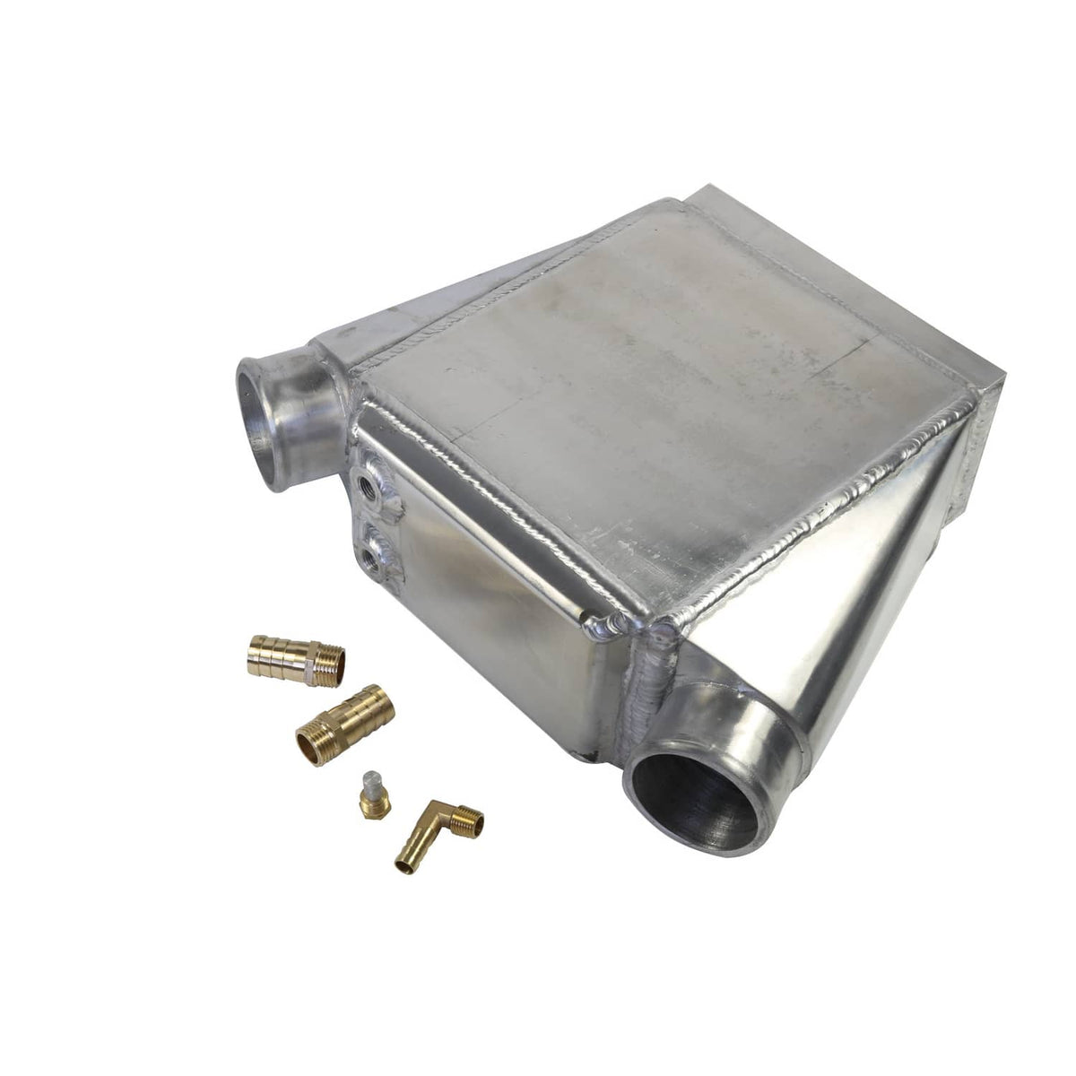 Aluminum intercooler with inlet/outlet pipes and brass fittings