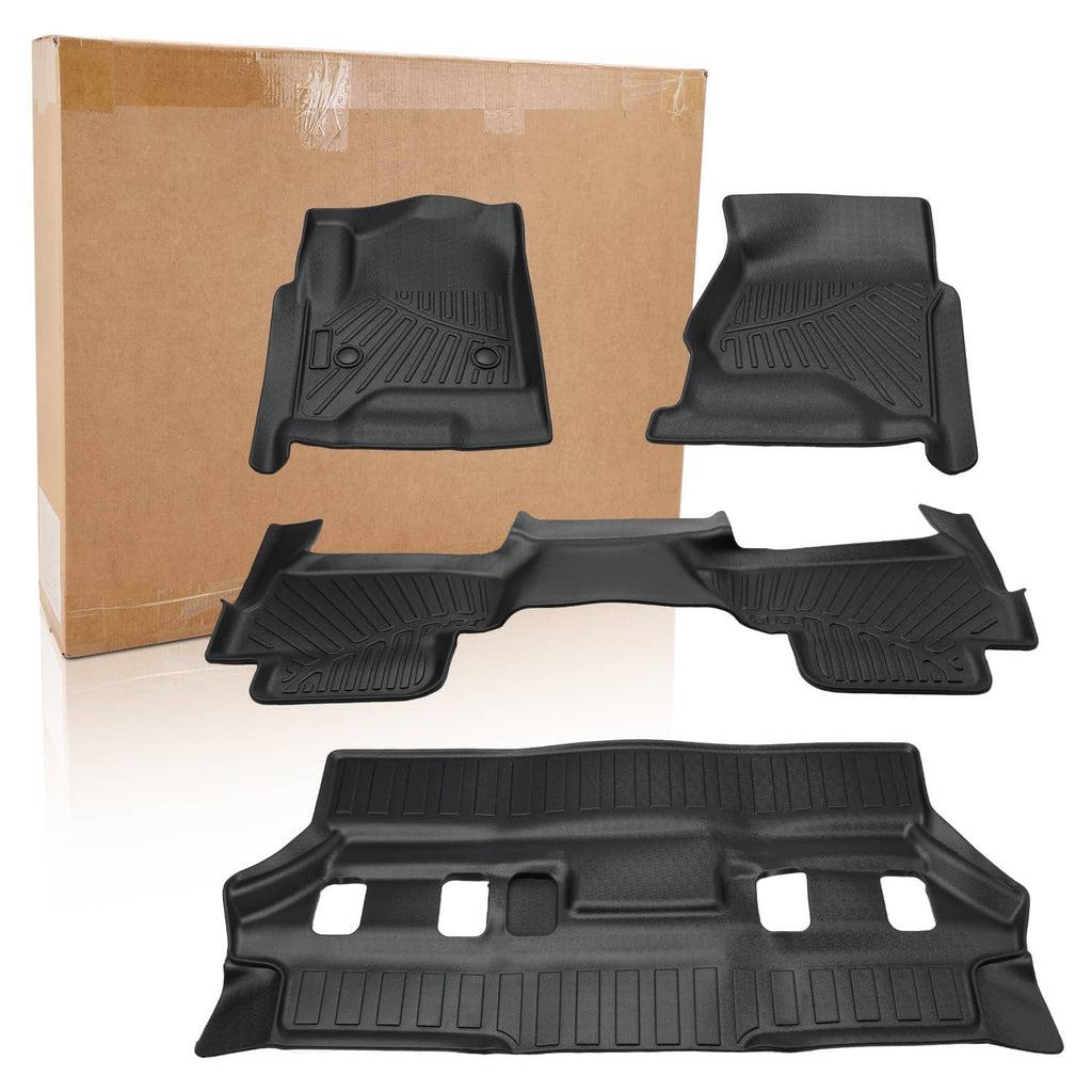 Black 3D TPE floor mat set laid out, showing front and rear molded pieces