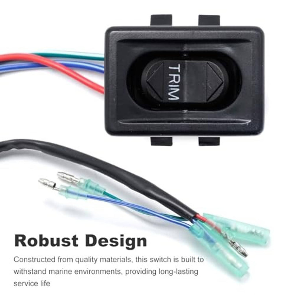 Black tilt-and-trim switch with TRIM rocker button, exposed multi-wire harness