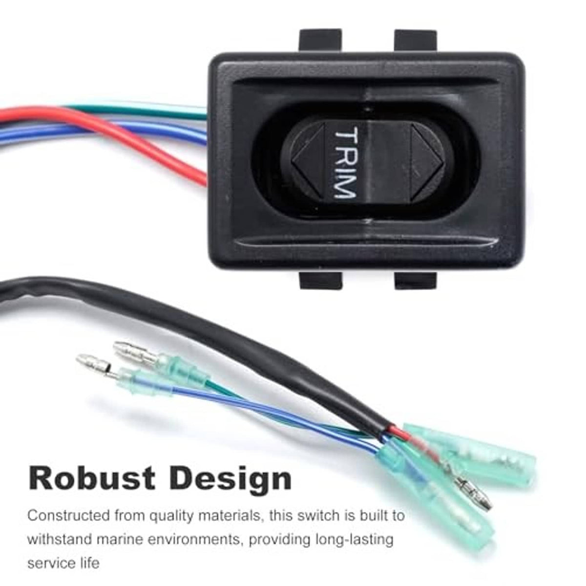 Black tilt-and-trim switch with TRIM rocker button, exposed multi-wire harness