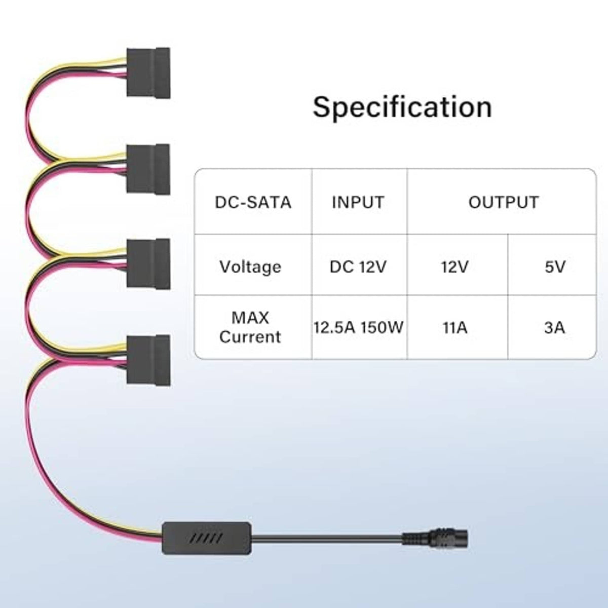 DC 5.5x2.5mm to SATA power splitter cable with four output SATA connectors and DC plug