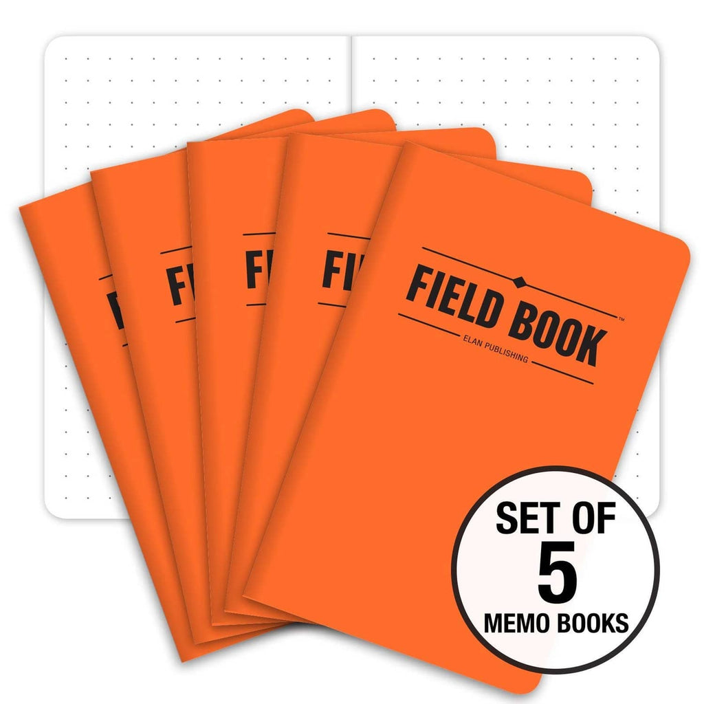 Five orange Field Book memo notebooks with dotted grid pages, set of 5