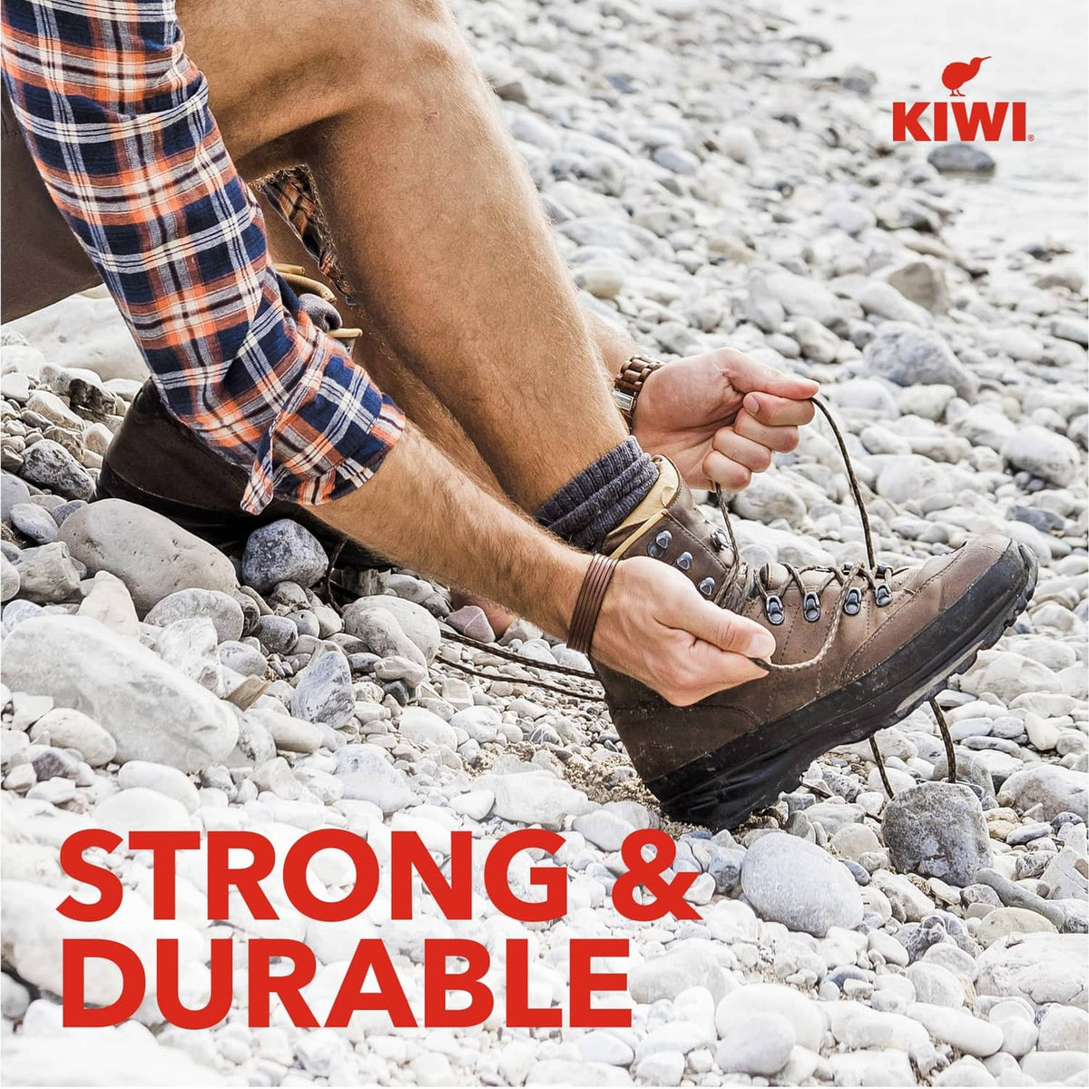 Round shoelaces on hiking boots worn with plaid pants