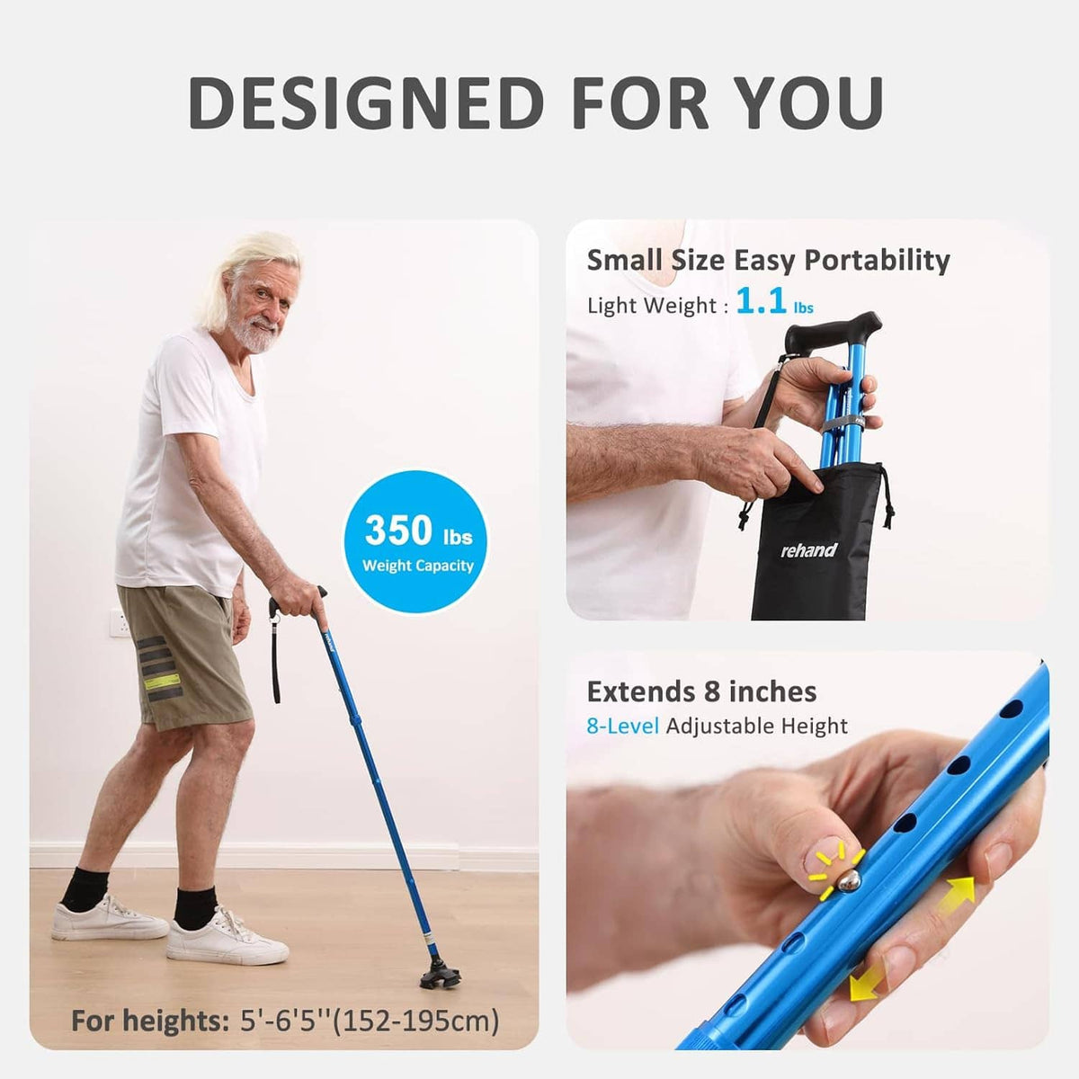 Portable folding walking cane with carry bag, compact size and adjustable length.