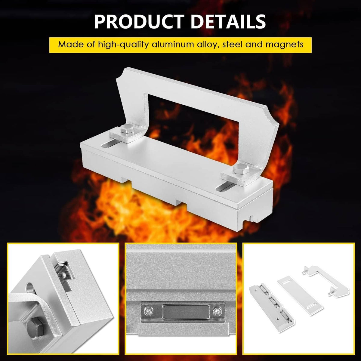 Magnetic bevel grinding jig with aluminum body, magnet posts, and rectangular window