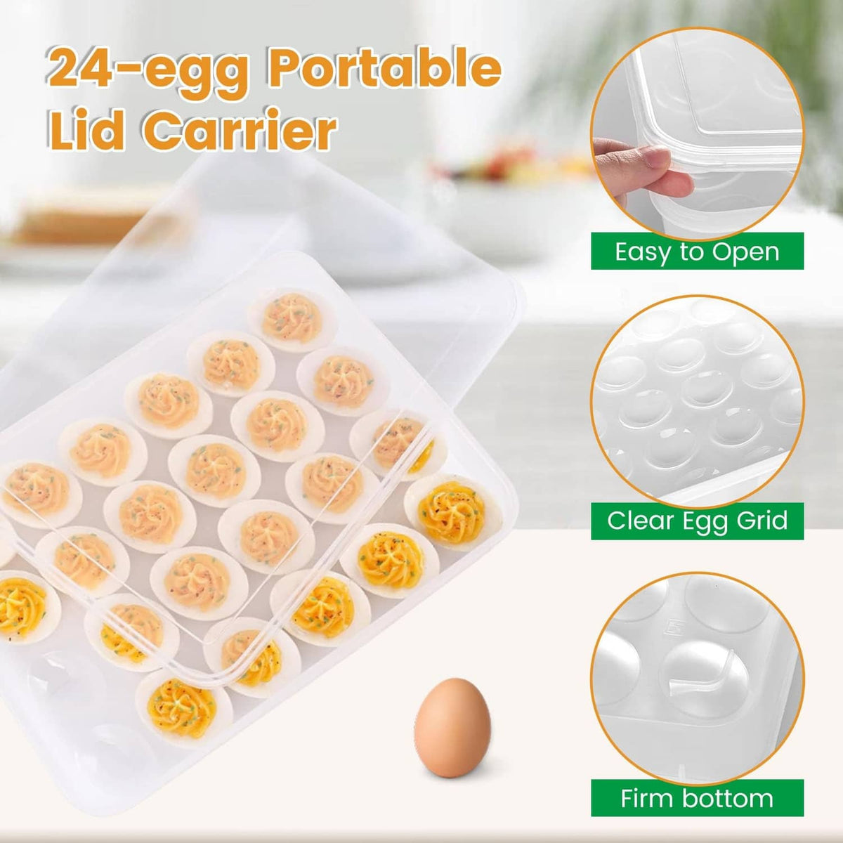 Clear plastic lid carrier with open egg grid and dome wells for deviled eggs