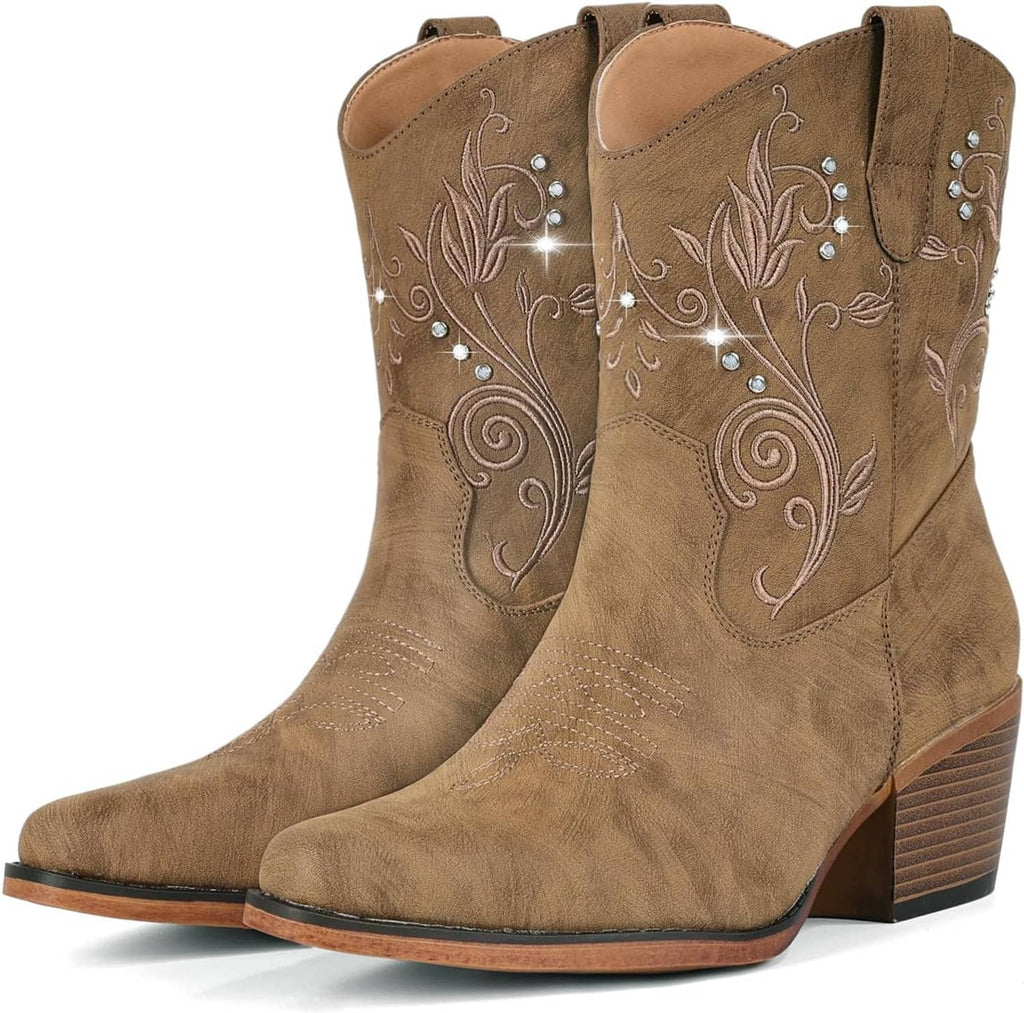 Women’s cowboy ankle boots in tan suede with floral rhinestone embroidery and stacked heel