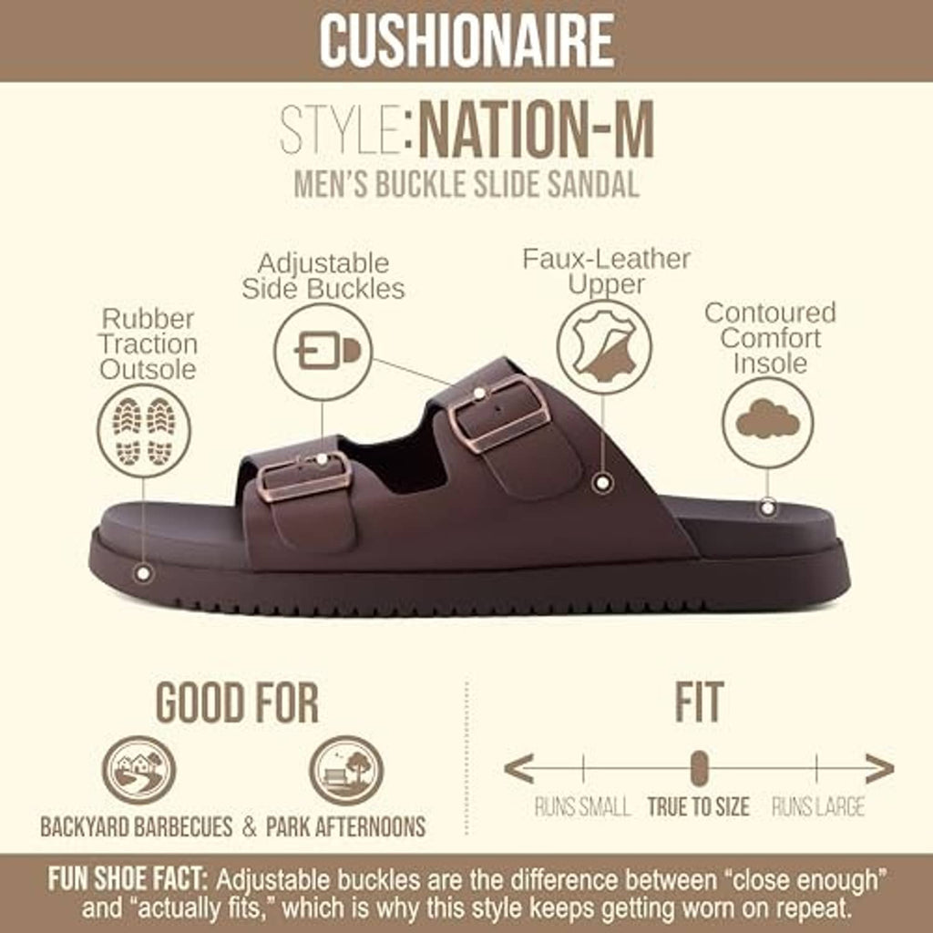 Brown men's buckle slide sandal with contoured insole and adjustable straps