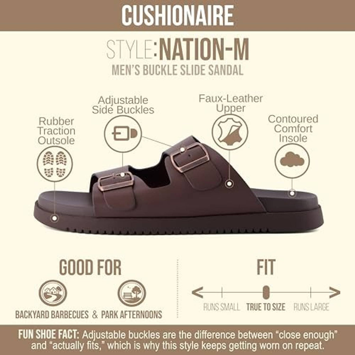 Brown men's buckle slide sandal with contoured insole and adjustable straps