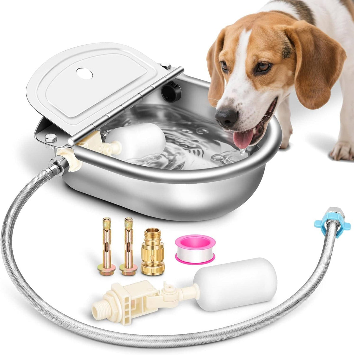 Stainless automatic pet drinking bowl with float valve and extended water pipe, white cover