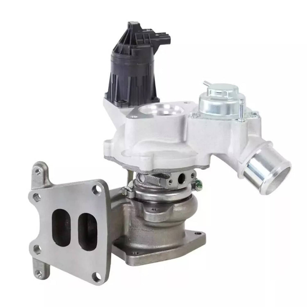 Turbocharger with actuator, front view with silver inlet pipe and mounting bracket.