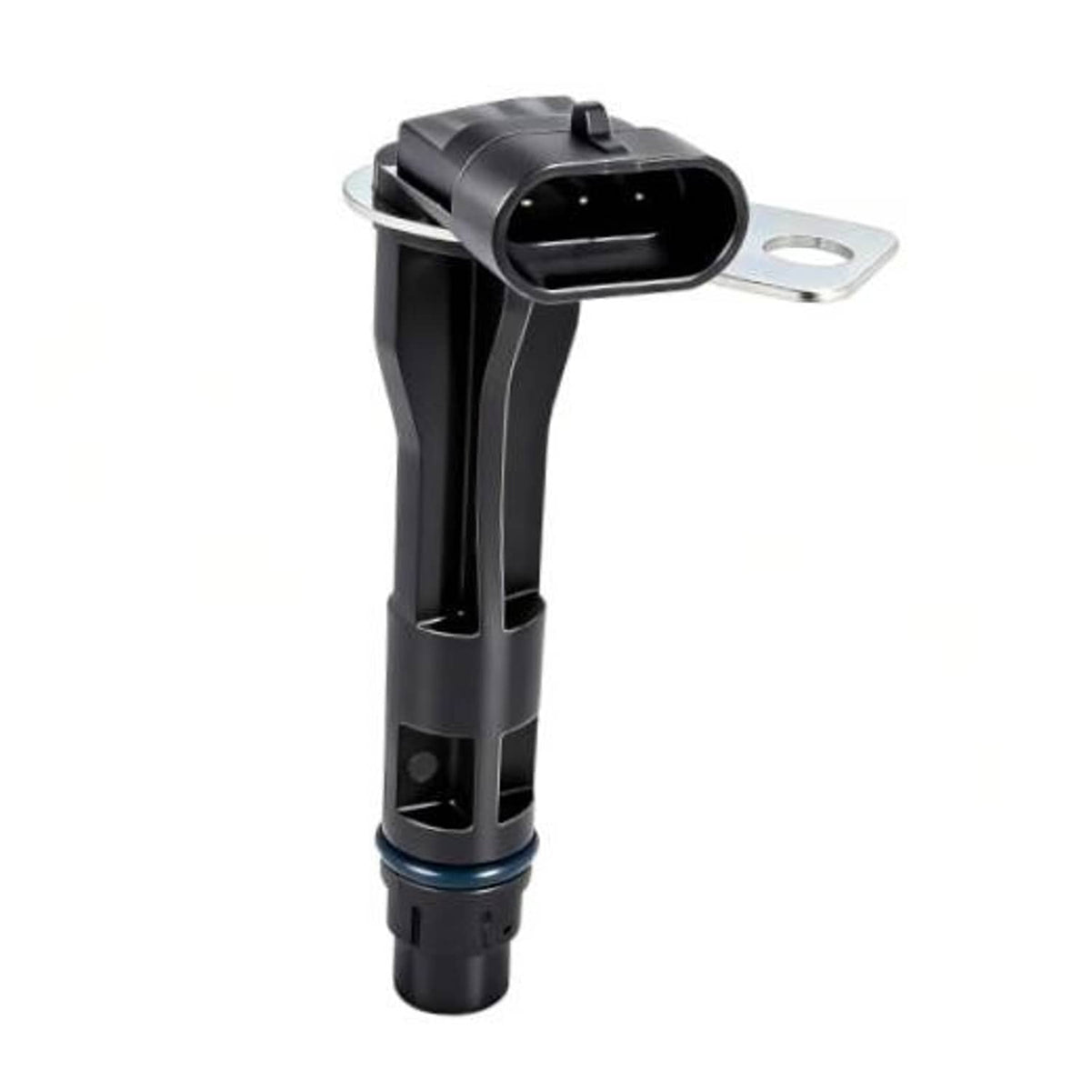 Black camshaft position sensor with mounting bracket and electrical connector