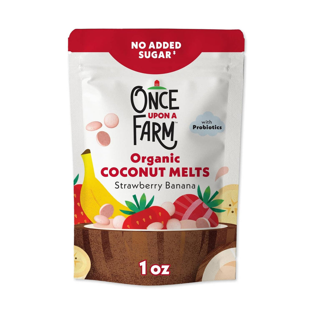 Organic coconut melts pouch, strawberry banana flavor, 1 oz, no added sugar, with probiotics