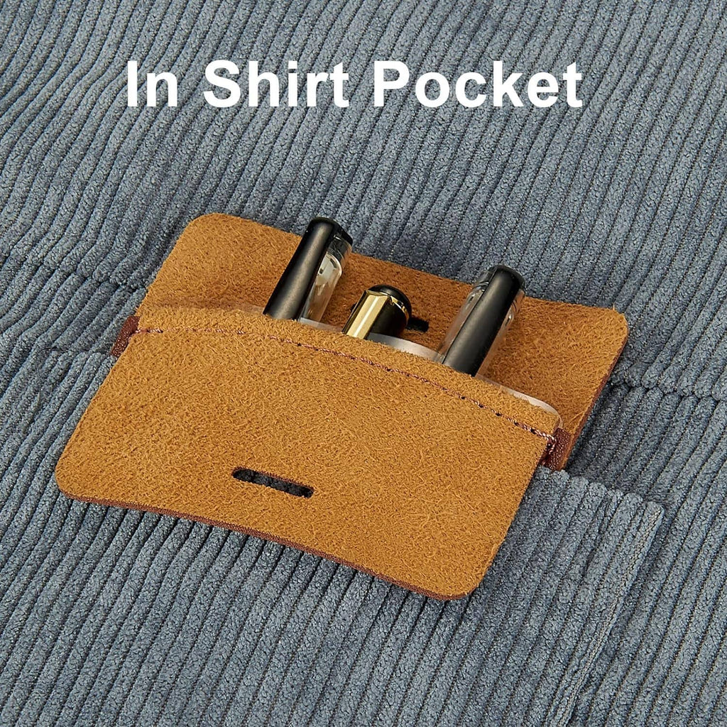 Tan leather pocket pen holder pouch with pens inserted, designed for shirt pocket