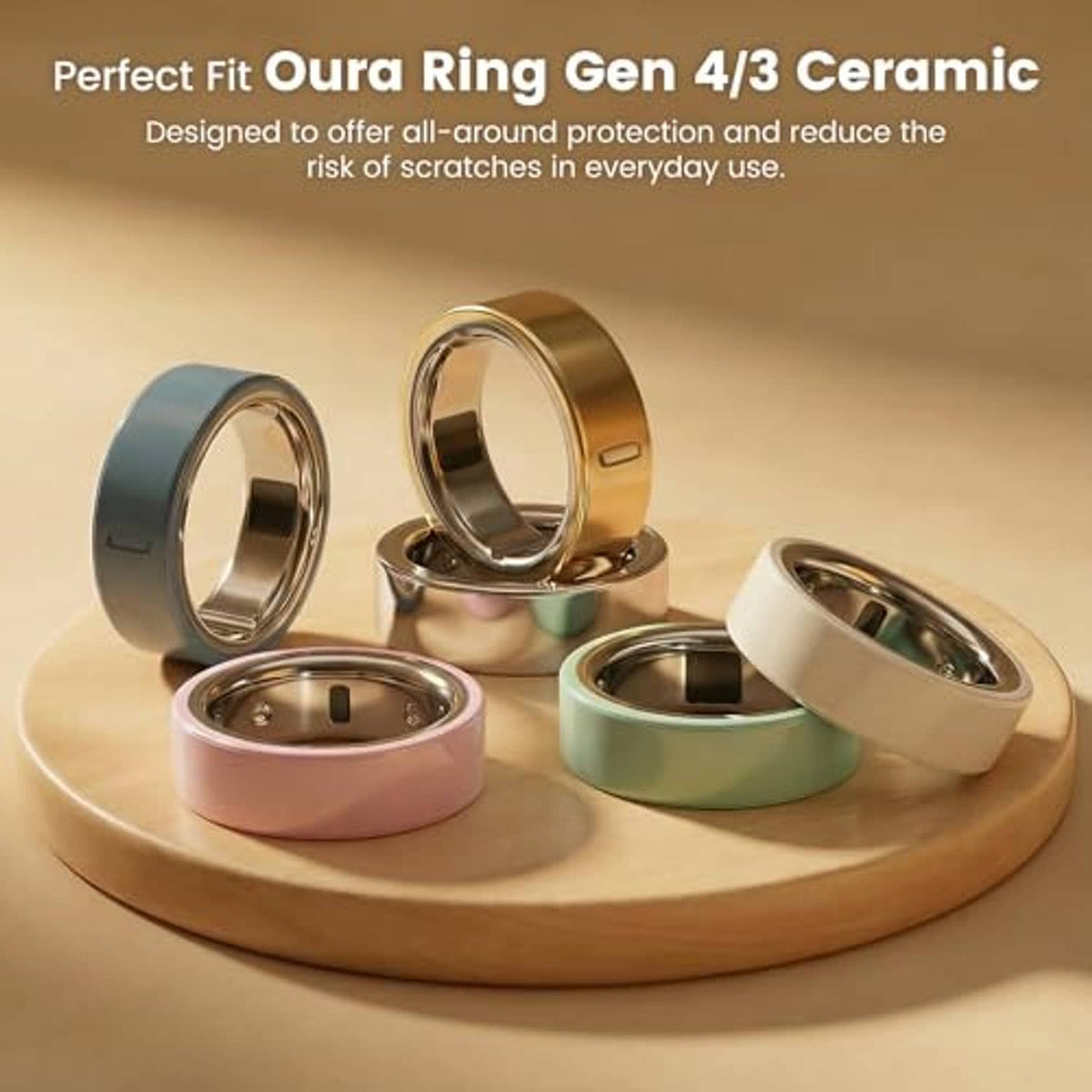 Ultra-thin transparent protector film for Oura Ring shown on rings in multiple colors