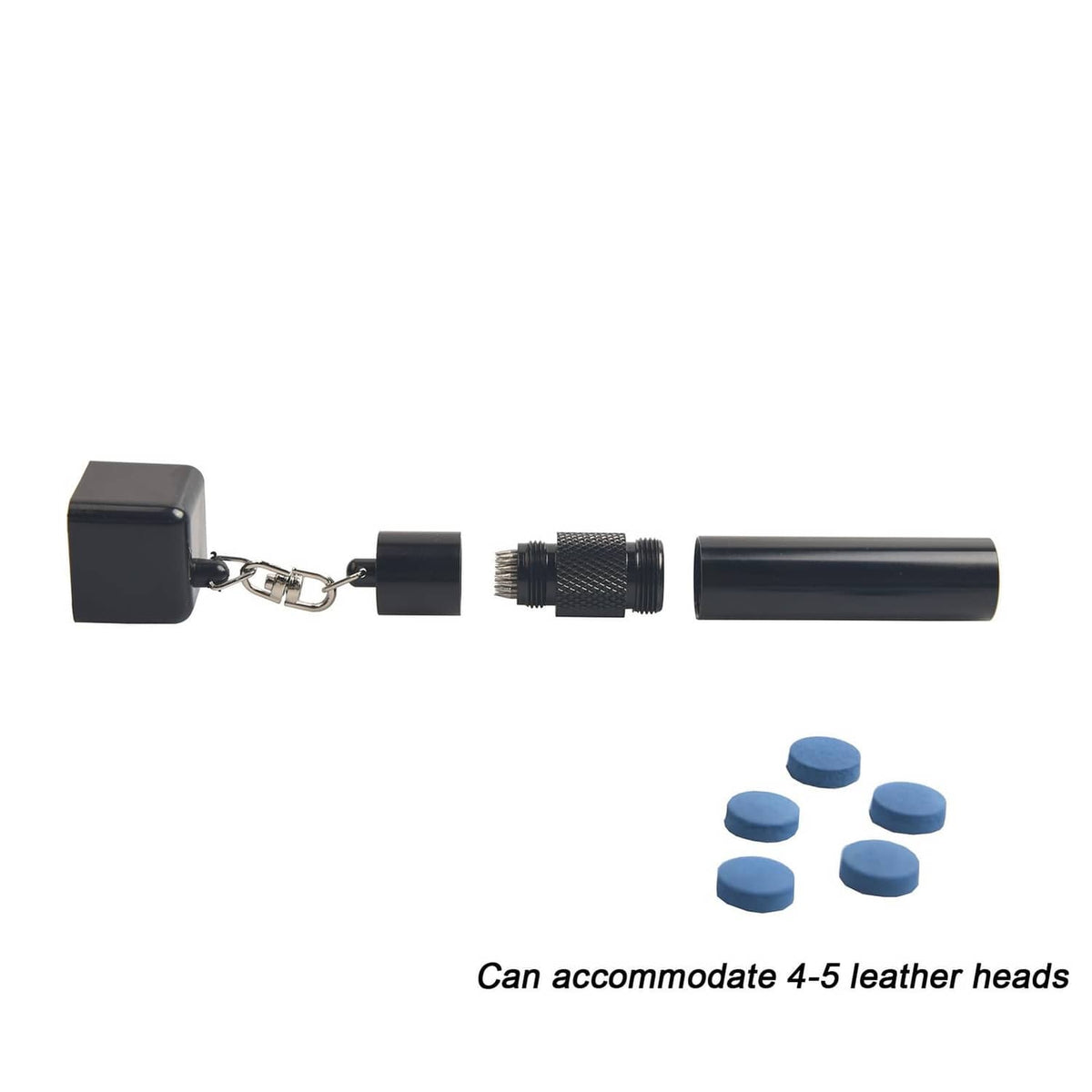 Cue tip shaper with hinged chalk holder, pricker head, and blue chalk pads