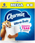 Charmin Ultra Soft toilet paper 6 Mega rolls package, Smooth Tear label