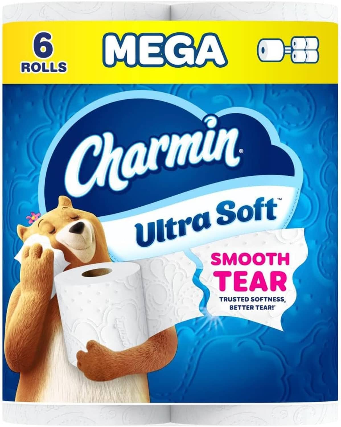 Charmin Ultra Soft toilet paper 6 Mega rolls package, Smooth Tear label