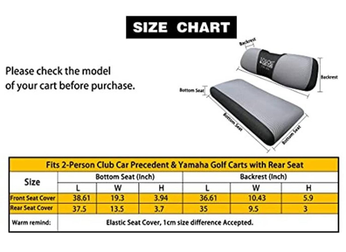 Seat cover set size chart with front seat and backrest measurements