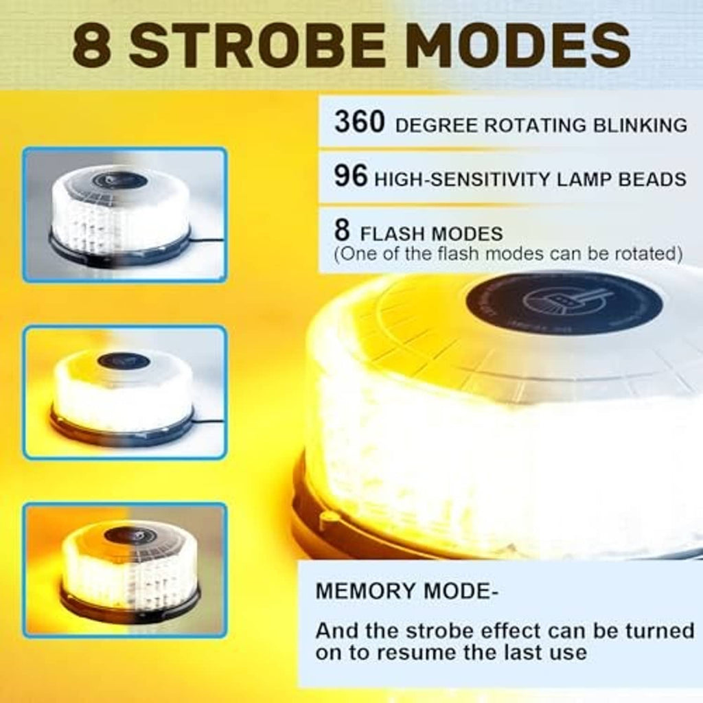 LED strobe beacon light with bright amber-yellow dome and black rotating mounting base