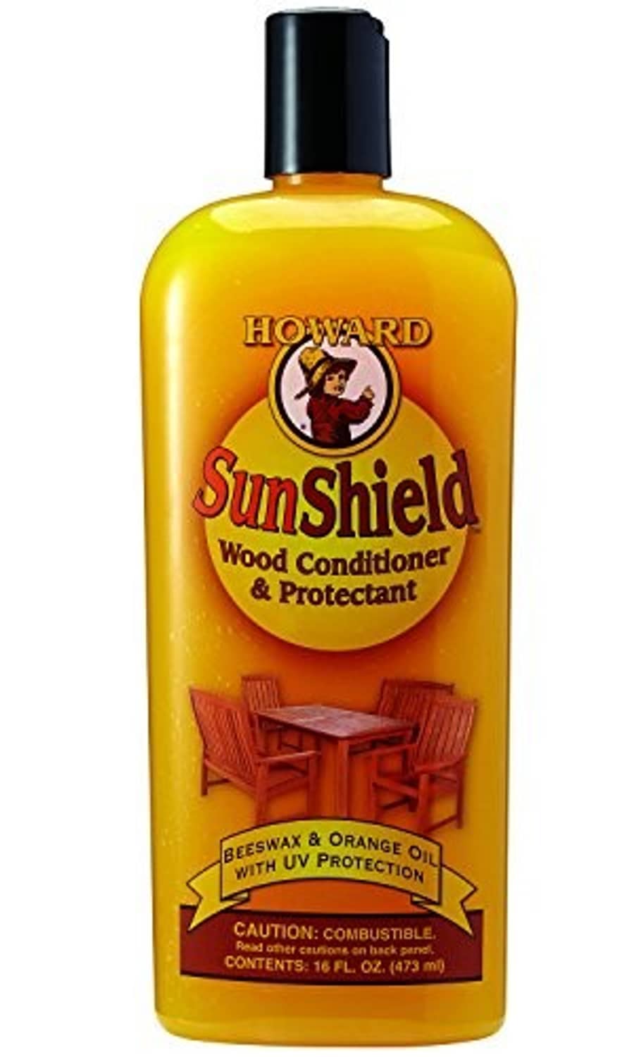 Yellow Howard SunShield wood conditioner & protectant wax bottle, front label