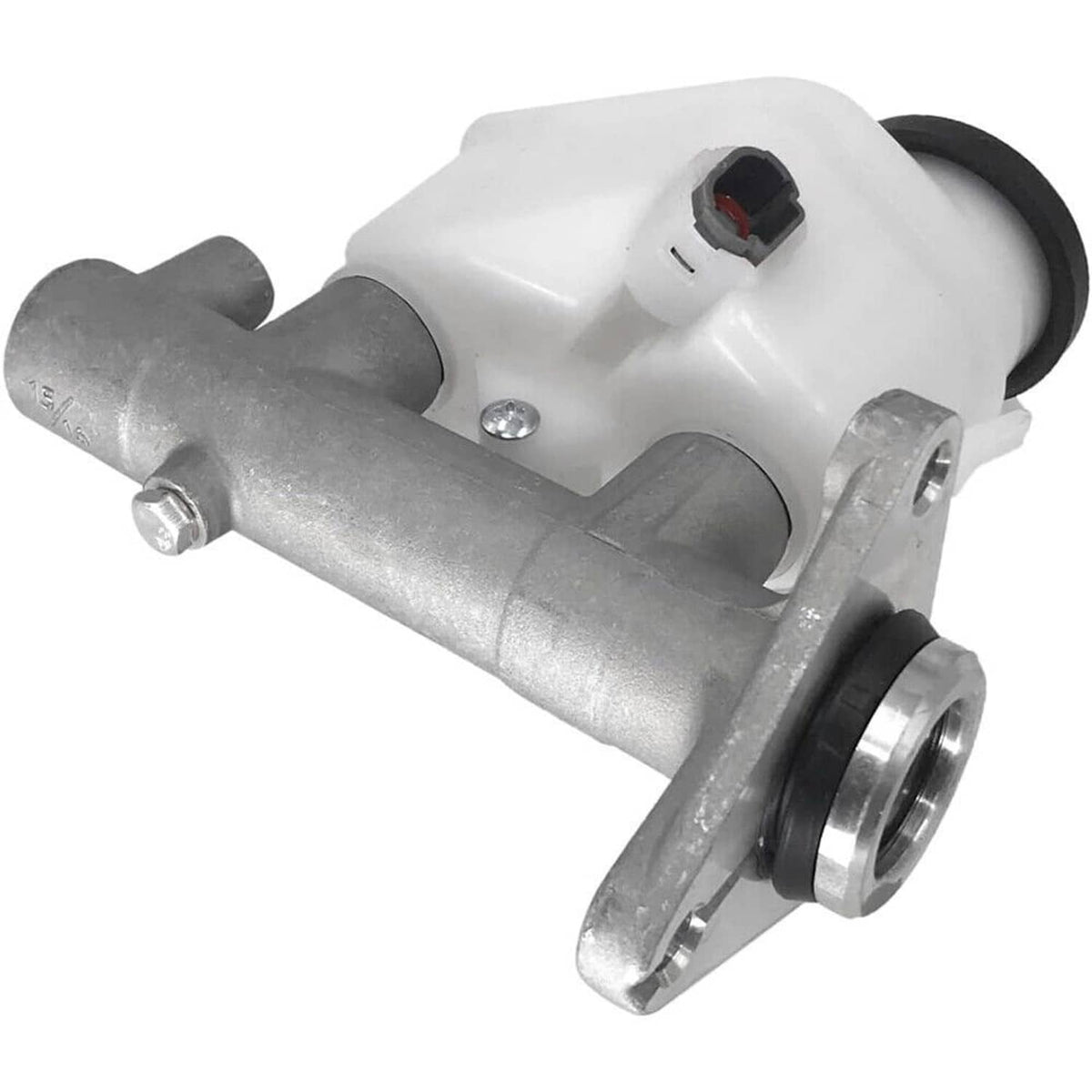 Brake master cylinder with white reservoir, metal body, and outlet port connection