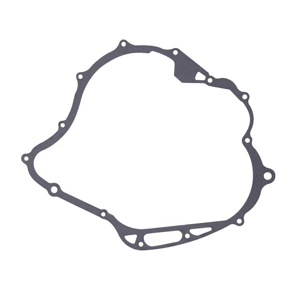 Crankcase cover gasket in gray, oval shape with side cutout and mounting holes