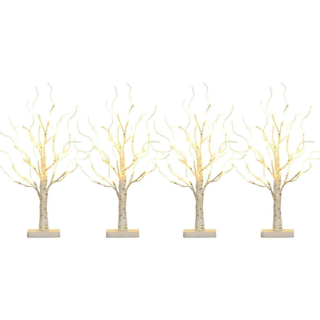 Set of white birch LED trees with warm white lights on square bases