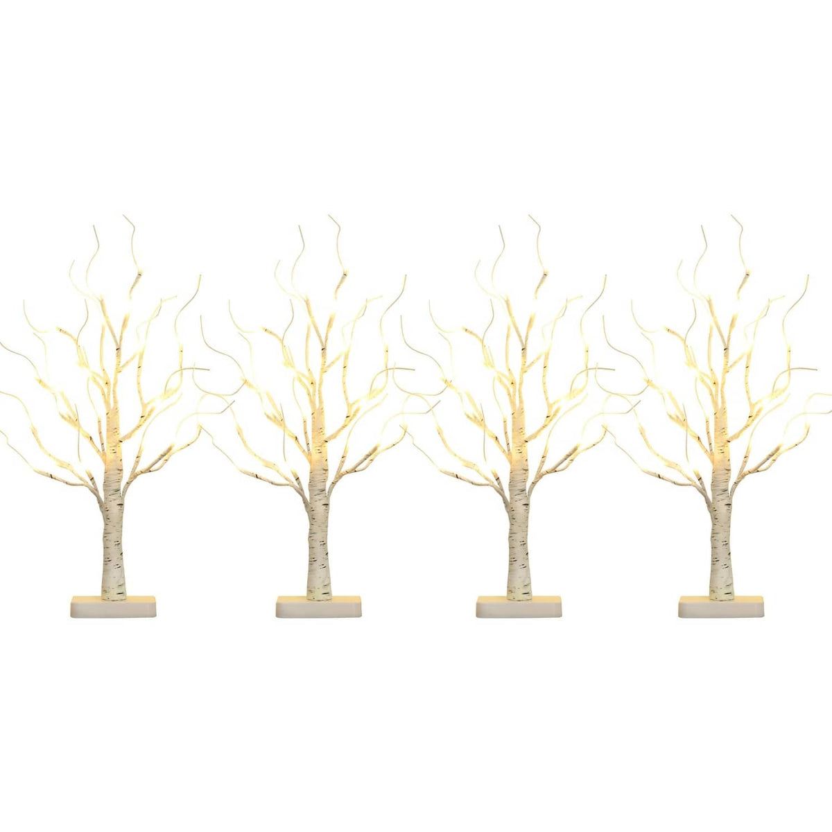 Set of white birch LED trees with warm white lights on square bases