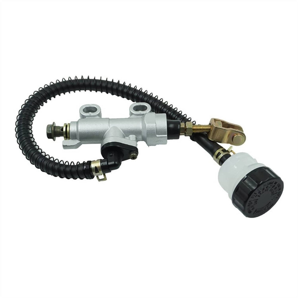 Silver rear brake master cylinder pump with black coiled hose and mounting bracket