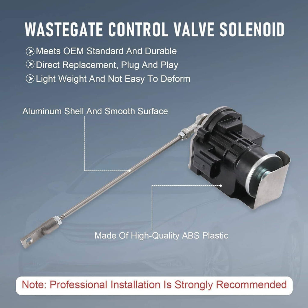Turbo wastegate control valve solenoid with black plastic body and silver protective housing