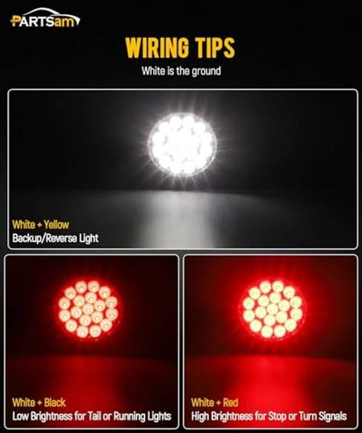 LED trailer lights wiring tip, showing bright white and red illuminated lenses