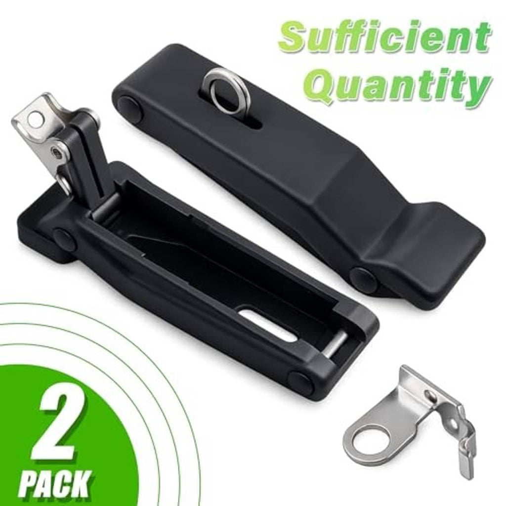 Front storage rack latch two-pack with black handles and metal mounting clips