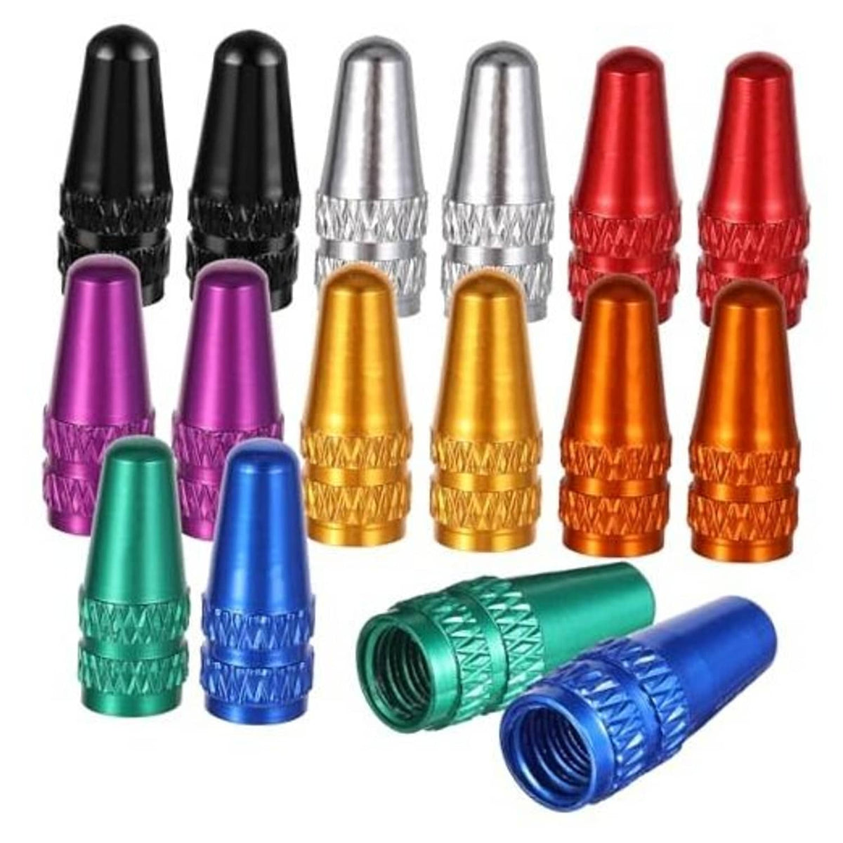 Assorted aluminum Presta valve caps set with knurled grip, multiple colors visible