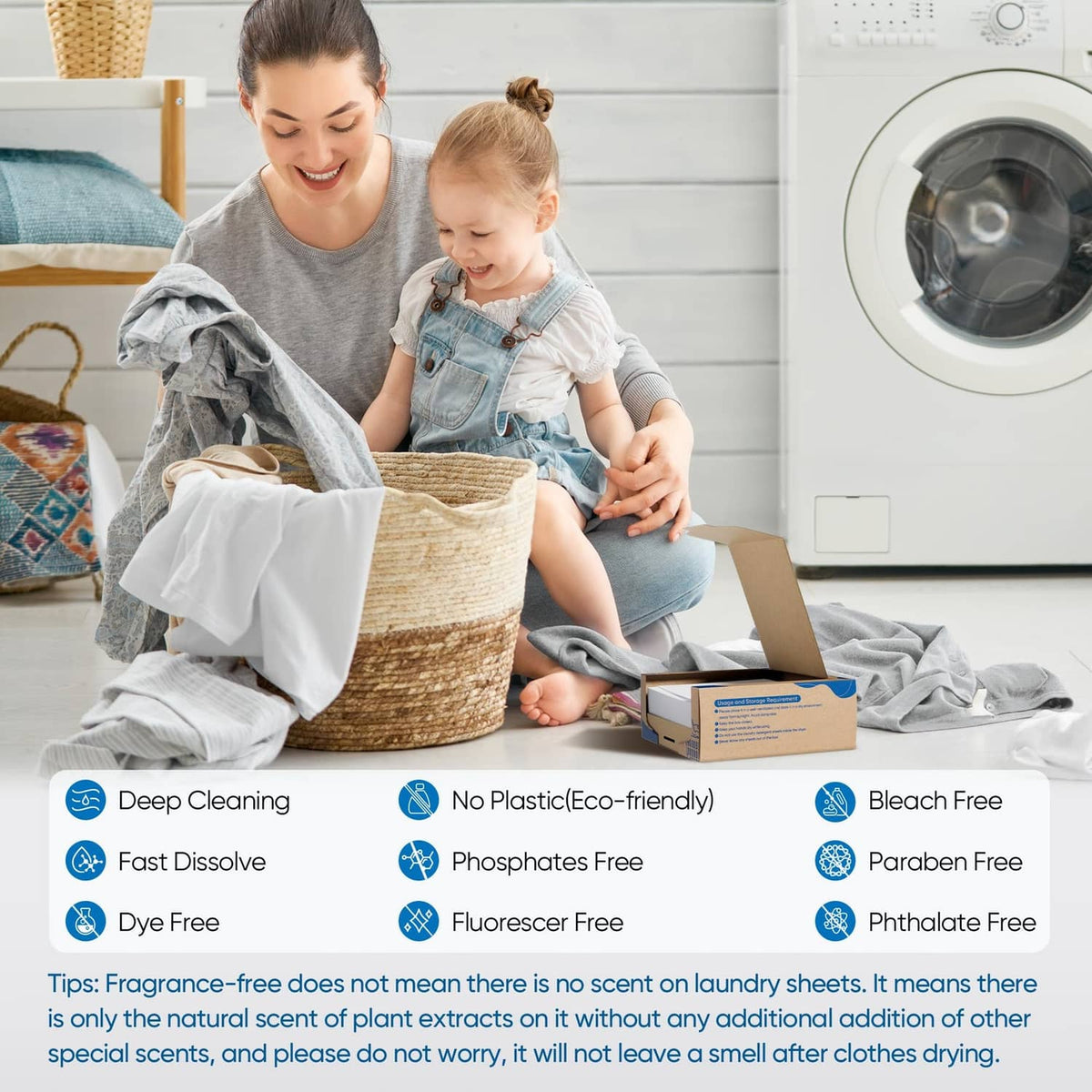Fragrance-free laundry detergent sheets box on folded laundry during household wash