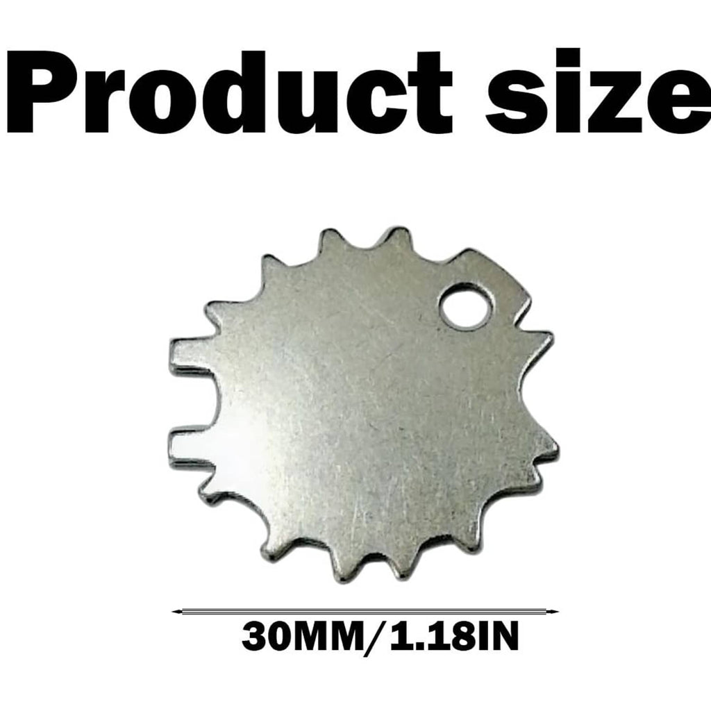 Silver tone metal tension adjuster key, round serrated disc with center hole