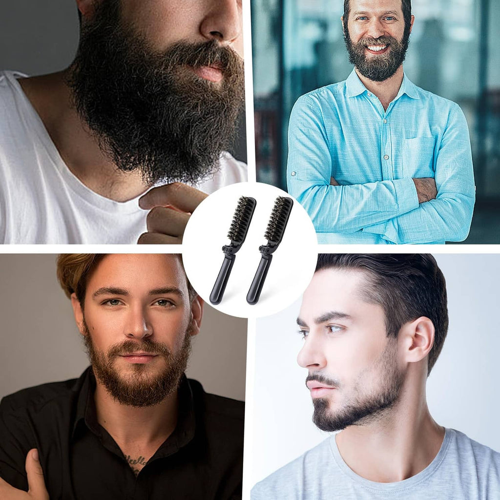 Two black mini folding boar bristle hair brushes shown for hair and beard grooming