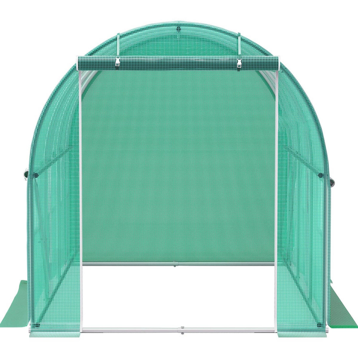Green tunnel greenhouse front opening with clear cover panels and galvanized support frame