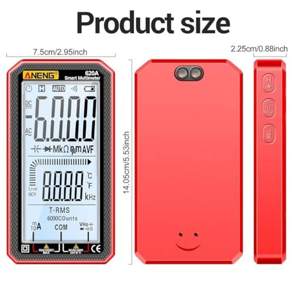 Red digital multimeter tester with LCD screen; shows product size and dimensions