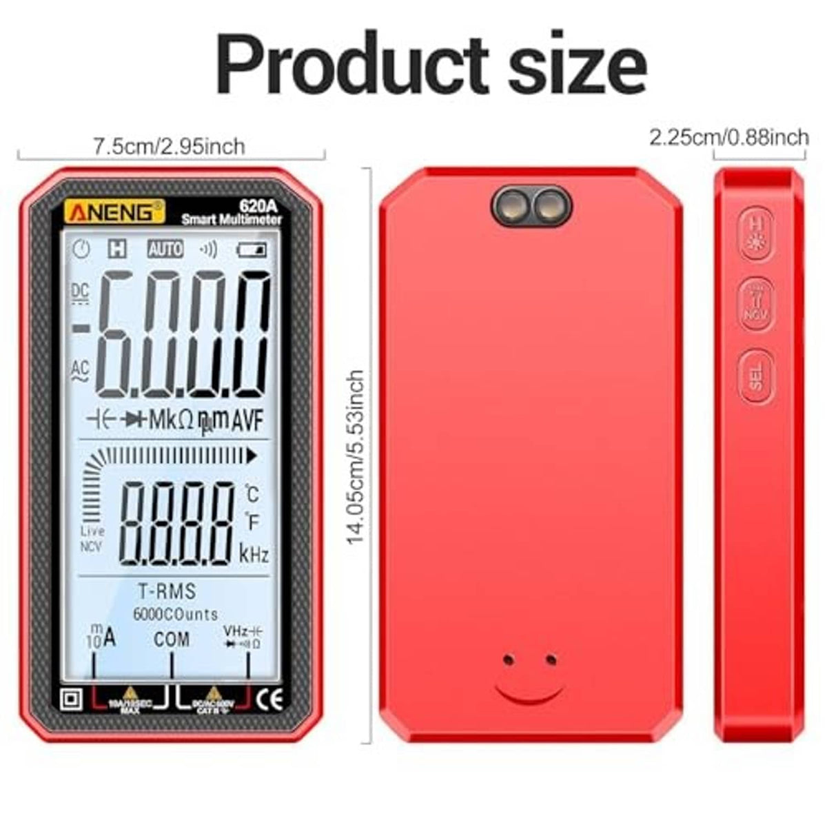 Red digital multimeter tester with LCD screen; shows product size and dimensions
