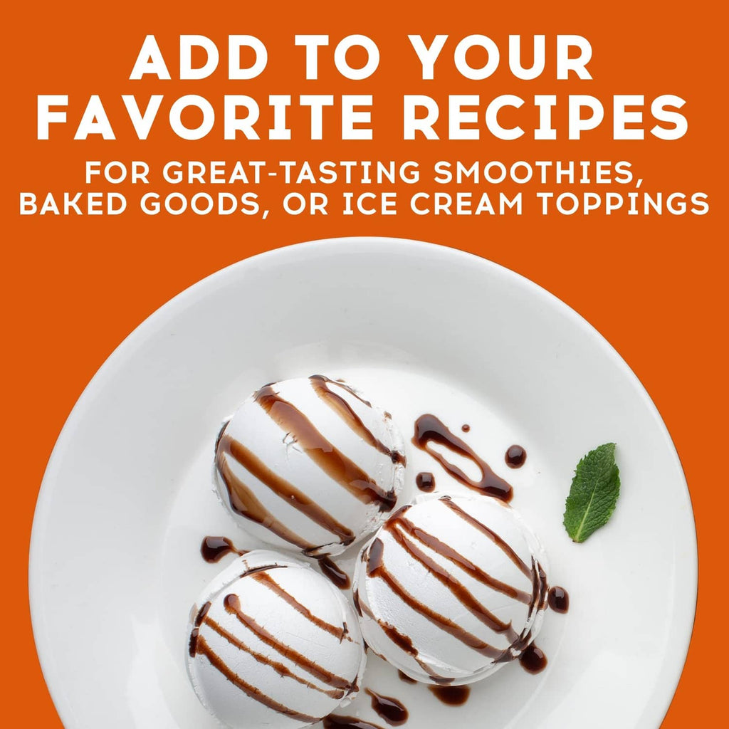 Chocolate malt mix used as topping on ice cream with chocolate drizzle on white plate