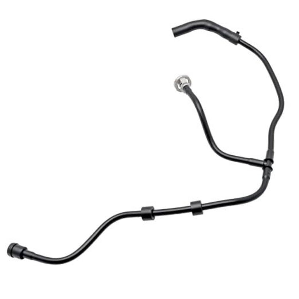 Engine radiator coolant reservoir hose with black tubing and metal fittings