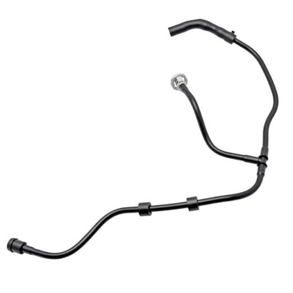 Engine radiator coolant reservoir hose with black tubing and metal fittings