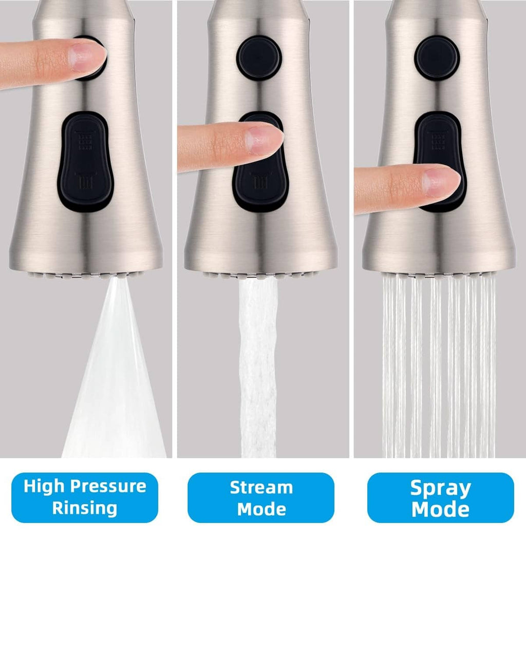 Faucet sprayer head showing stream and spray modes with water coming from nozzle