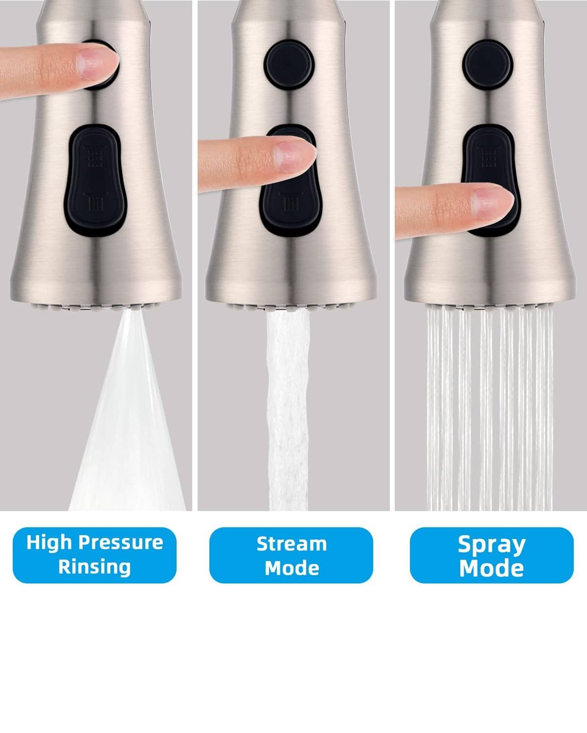 Faucet sprayer head showing stream and spray modes with water coming from nozzle