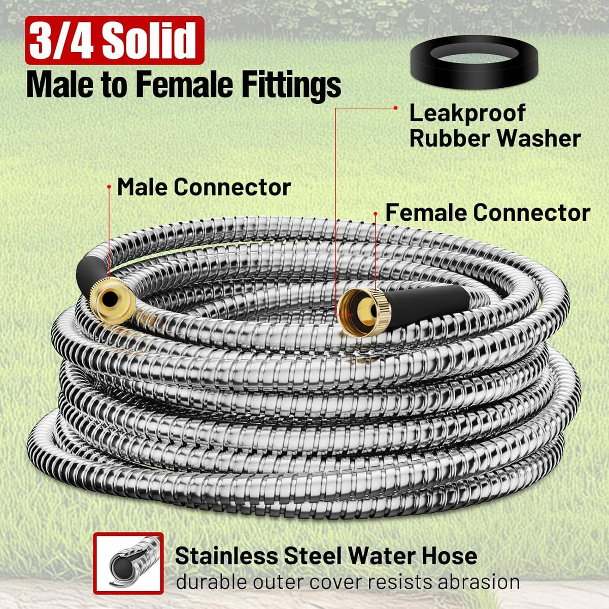 Coiled stainless steel water hose with male-to-female brass connectors