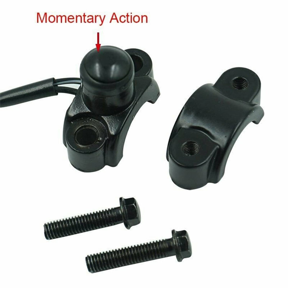 Black momentary horn switch button with wire lead, two clamp halves, and screws