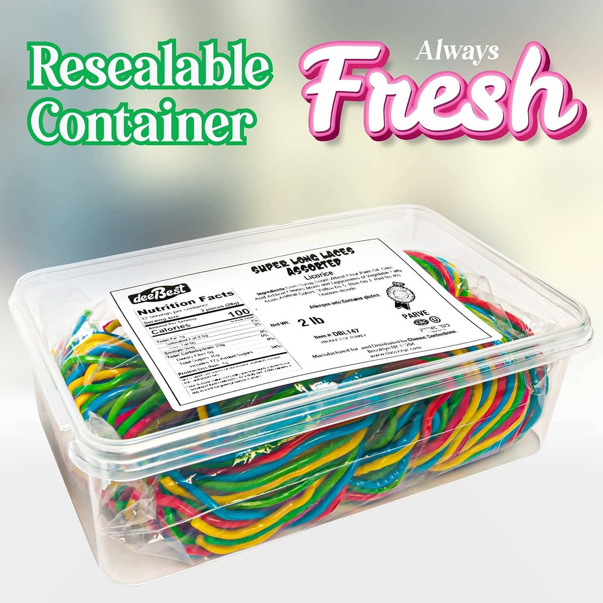 Resealable clear container of multicolor string licorice candy